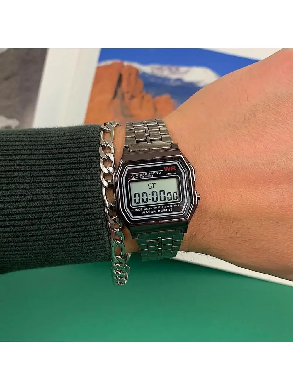Y2k 2000s style cyber silver stainless steel digital watch